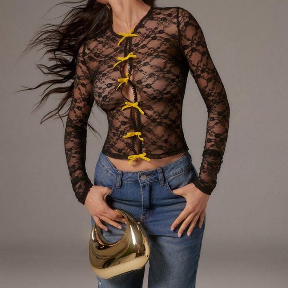 SHEIN Black Lace Blouse with Yellow Details